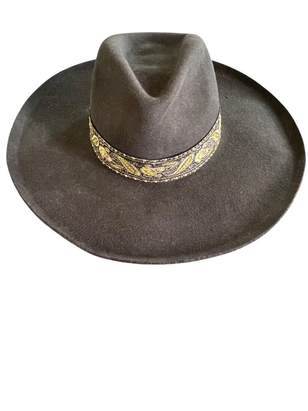 Rare Green Lack Of Color Women’s Wool Fedora Wide Brim Hat With Gold Paisley Ban